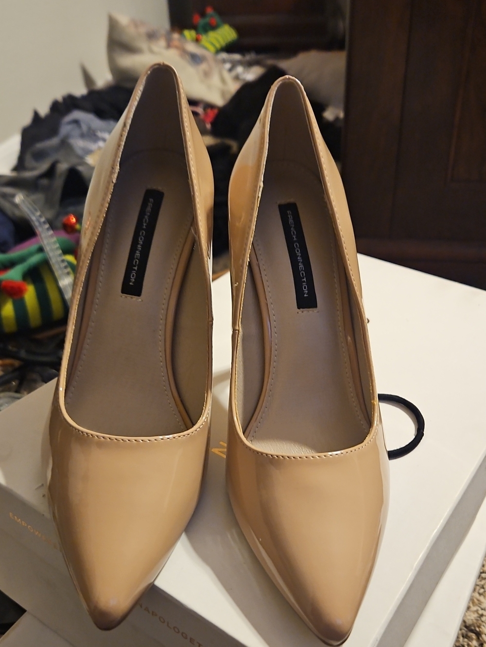 French Connection Beige Patent Pointed-Toe Pumps